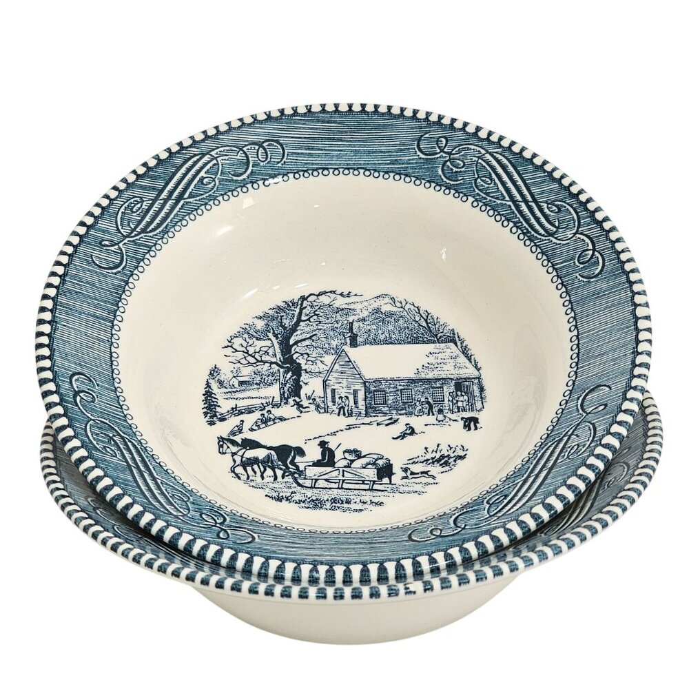 2 Currier Ives Blue Schoolhouse Bowl 6.5" Royal USA pottery country colonial - Picture 2 of 5